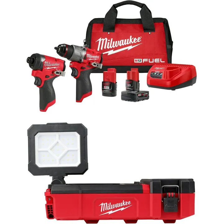 Milwaukee M12 FUEL 2-Tool Combo Kit with M12 Packout Flood Light & USB Charging Bundle