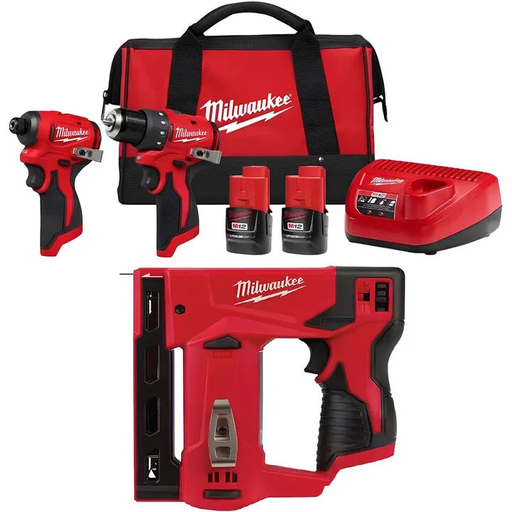Milwaukee M12 Subcompact 2-Tool Combo Kit and 3/8 Inch Crown Stapler Professional Bundle