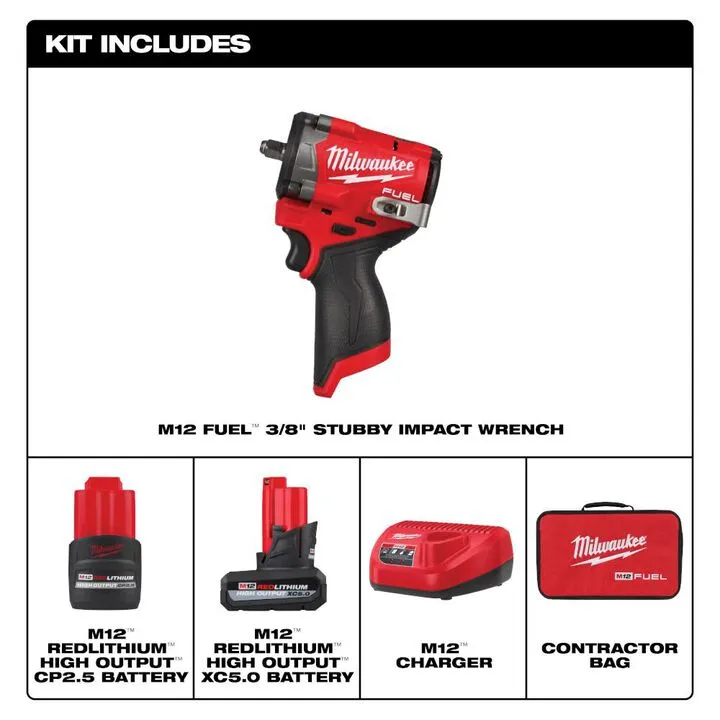 Milwaukee M12 FUEL Stubby 3/8 Inch Impact Wrench Kit - Optimized for Precision Automotive Work 1
