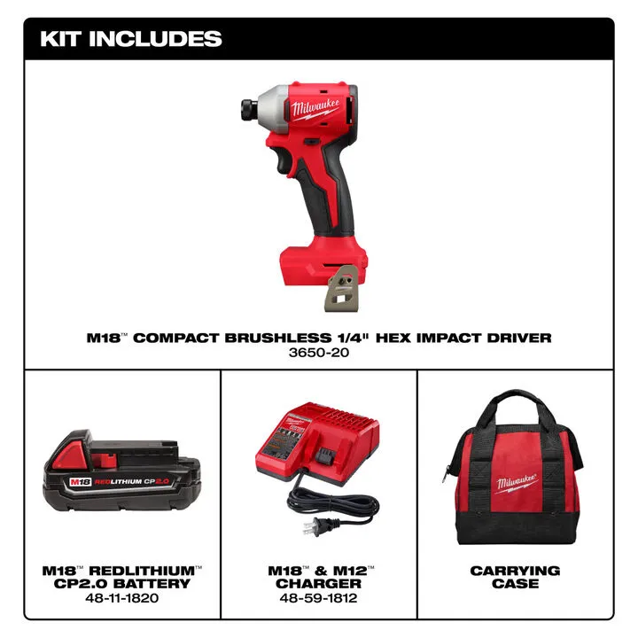 Milwaukee M18 Compact Brushless 1/4 Inch Hex Impact Driver Kit - Professional Grade Performance 2