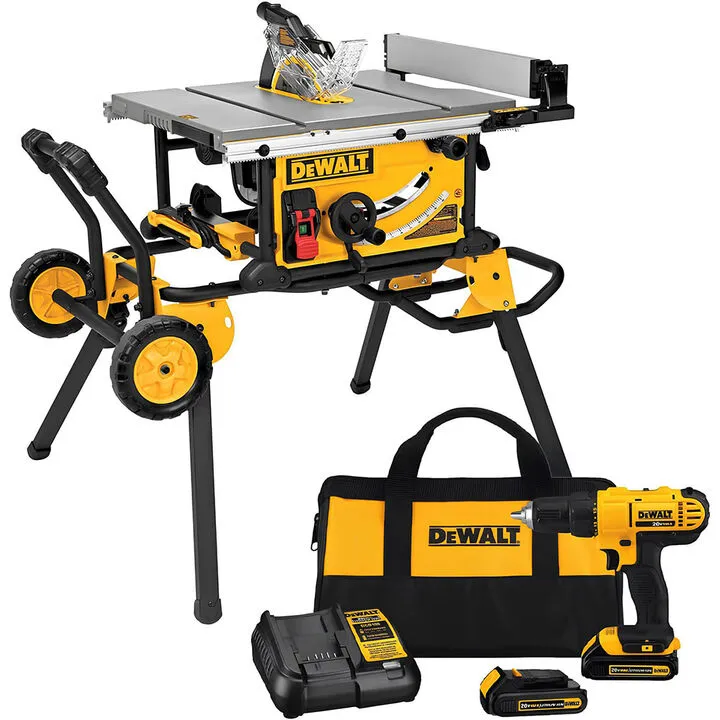DEWALT 10-Inch Jobsite Table Saw with Rolling Stand & Professional Cordless Drill/Driver Combo Kit