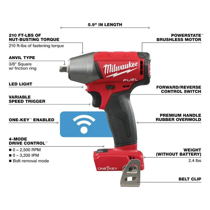 Milwaukee M18 FUEL 3/8 in. Compact Impact Wrench with Friction Ring and ONE-KEY (Bare Tool) 3