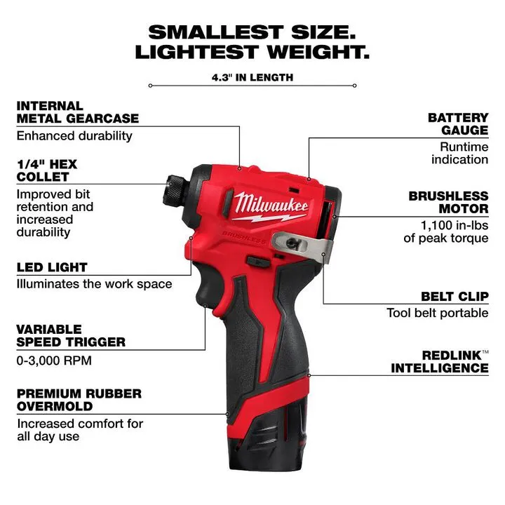 Milwaukee M12 Subcompact 1/4 Inch Hex Impact Driver Kit - Precision Performance Series 3
