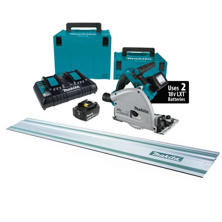 Makita 18V X2 LXT Lithium-Ion Brushless 6-1/2 inch Plunge Cut Track Saw Kit with 55 inch Guide Rail