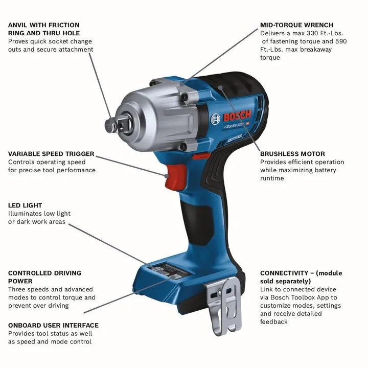 Bosch 18V 1/2in Mid-Torque Impact Wrench with Friction Ring & Connected-Ready (Bare Tool) 1