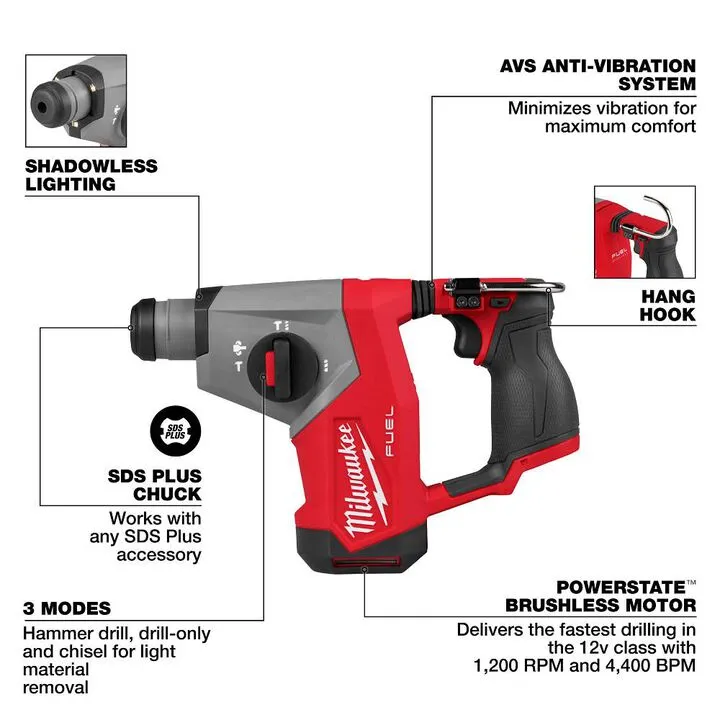 Milwaukee M12 FUEL 5/8 Inch SDS Plus Rotary Hammer (Bare Tool) 2