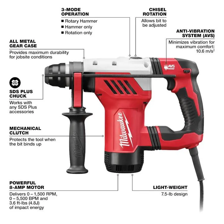 Milwaukee 1-1/8 In. SDS Plus Rotary Hammer Kit - Professional Masonry Power Tool 1