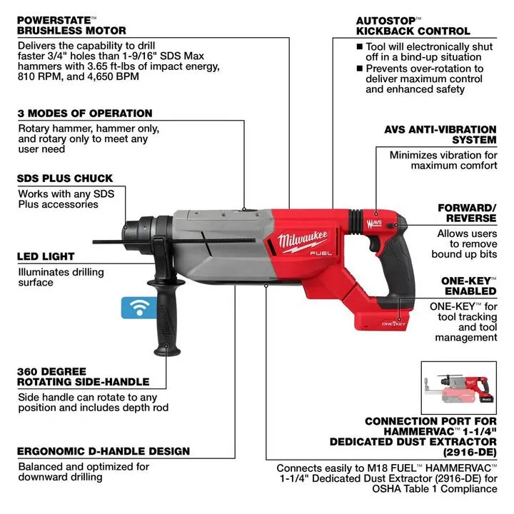Milwaukee M18 FUEL 1-1/4" SDS Plus D-Handle Rotary Hammer with ONE-KEY (Bare Tool) 3
