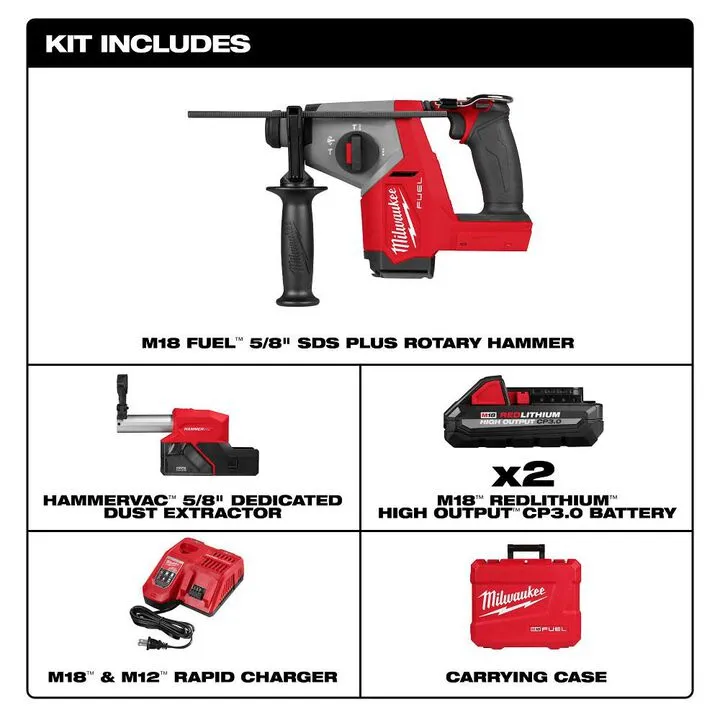 Milwaukee M18 FUEL 5/8 Inch SDS Plus Rotary Hammer with Integrated Dust Extractor Kit 2