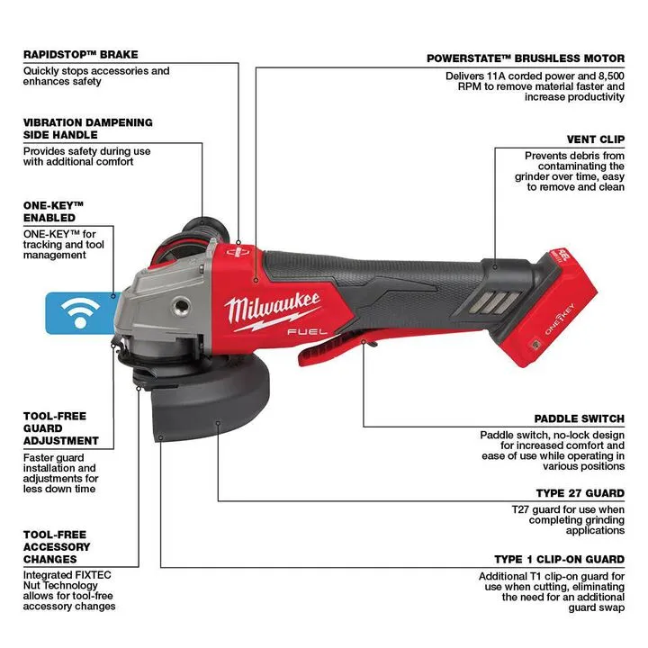Milwaukee M18 FUEL 4-1/2 Inch / 5 Inch Braking Grinder with ONE-KEY (Reconditioned Bare Tool) 1