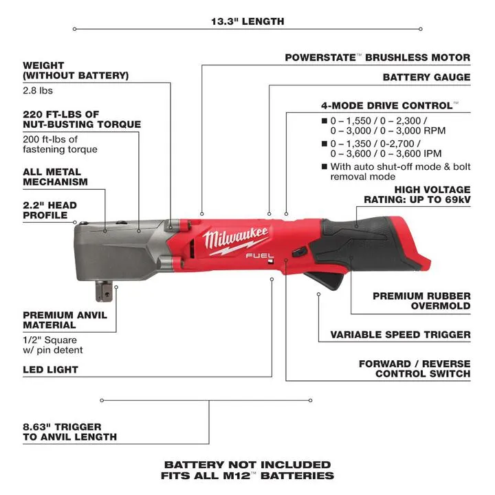 Milwaukee M12 FUEL 1/2-inch Right Angle Impact Wrench with Pin Detent (Reconditioned - Bare Tool) 2