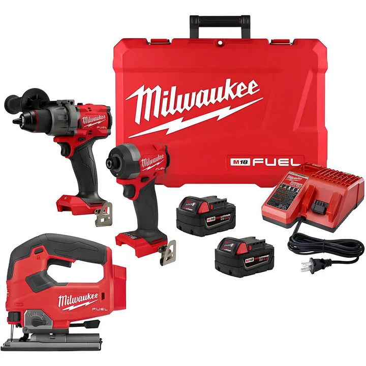 Milwaukee M18 FUEL 1/2 Inch Hammer Drill, 1/4 Inch Impact Driver & Jig Saw 3-Tool Combo Kit