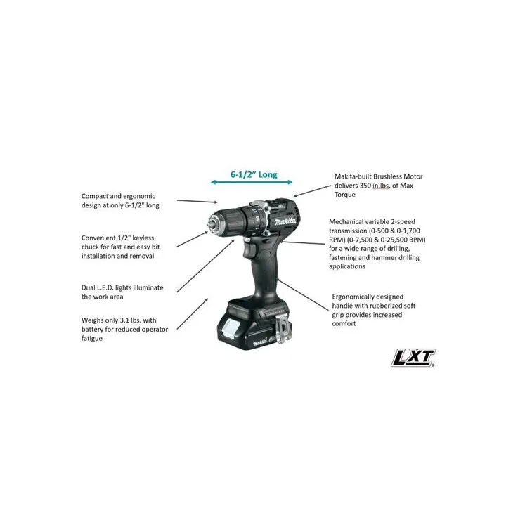 Makita 18V LXT Sub-Compact Brushless Drill (Bare Tool) with Impact GOLD 14-Pc Titanium Drill Bit Set 1