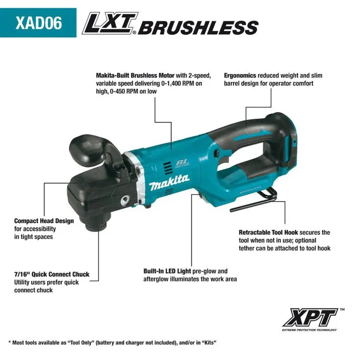 Makita 18V LXT 7/16in Hex Right Angle Drill Kit - High-Torque Performance for Tight Spaces 3