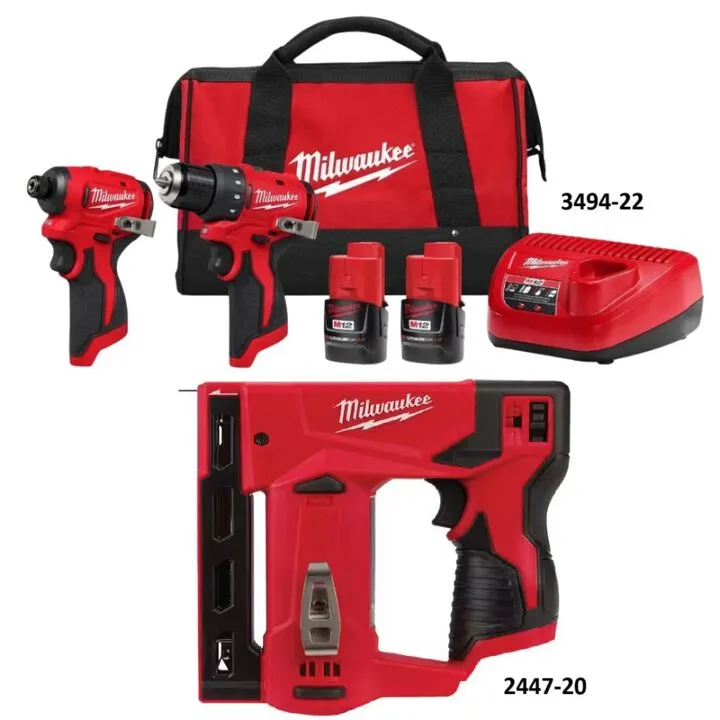 Milwaukee M12 Subcompact 2-Tool Combo Kit and 3/8 Inch Crown Stapler Professional Bundle 1