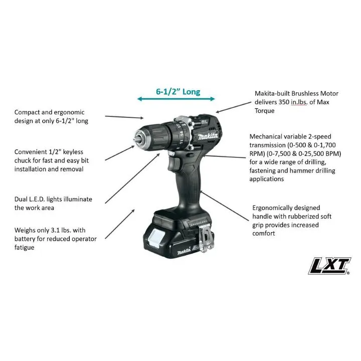 Makita 18V LXT Sub-Compact 1/2in Hammer Driver Drill (Bare Tool) 1