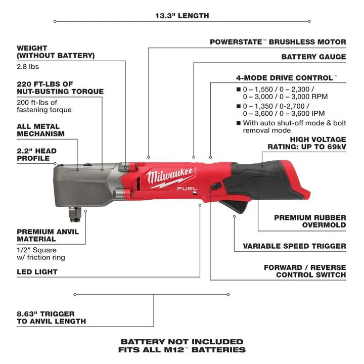 Milwaukee M12 FUEL 1/2-inch Right Angle Impact Wrench (Bare Tool) - Professional Grade Compact Power 2