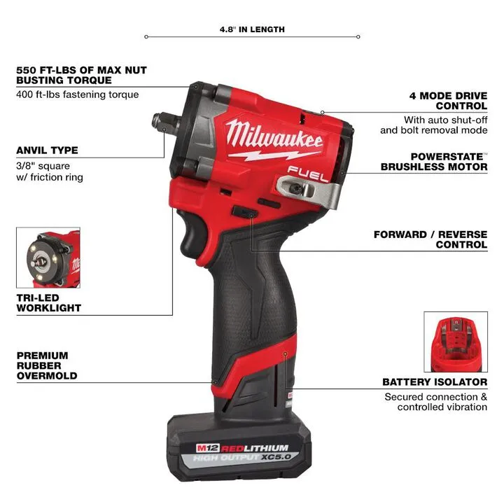 Milwaukee M12 FUEL Stubby 3/8 Inch Impact Wrench Kit - Professional Compact Power 3
