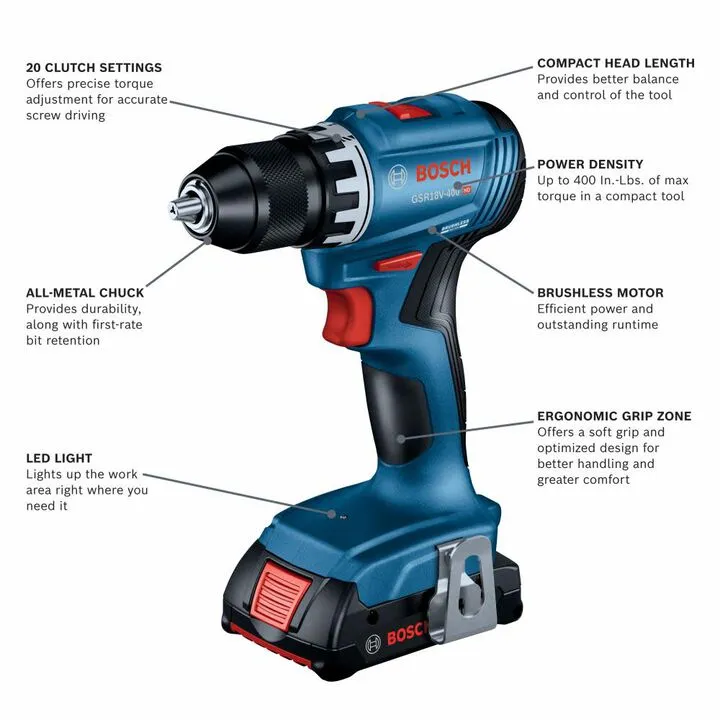 Bosch 18V 2-Tool Combo Kit: GDR18V-1800 Impact Driver & GSR18V-400 Drill/Driver with 2x 2Ah Batteries 2