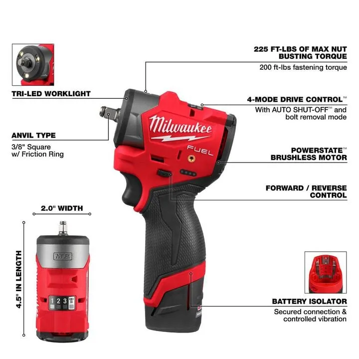 Milwaukee M12 FUEL 3/8 Inch Subcompact Impact Wrench with Friction Ring Kit 2