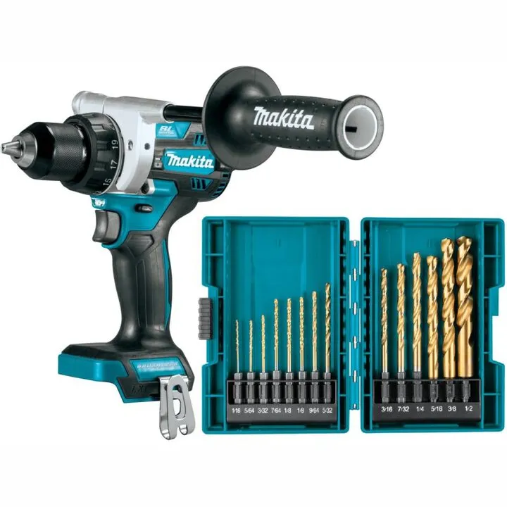 Makita 18V LXT 1/2 Inch Driver Drill (Bare Tool) & Impact GOLD 14 Pc Titanium Drill Bit Set Bundle
