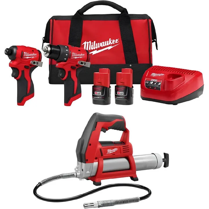 Milwaukee M12 Subcompact Brushless 2-Tool Combo Kit and Grease Gun Bundle