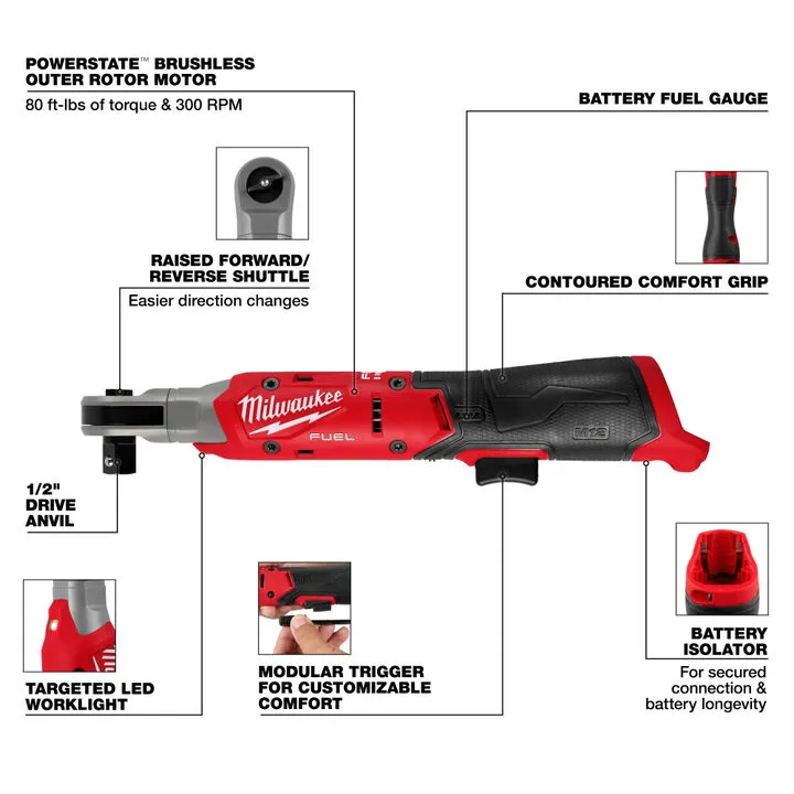 Milwaukee M12 FUEL 1/2 Inch Ratchet Kit with 2.5Ah Lithium-Ion Battery 4