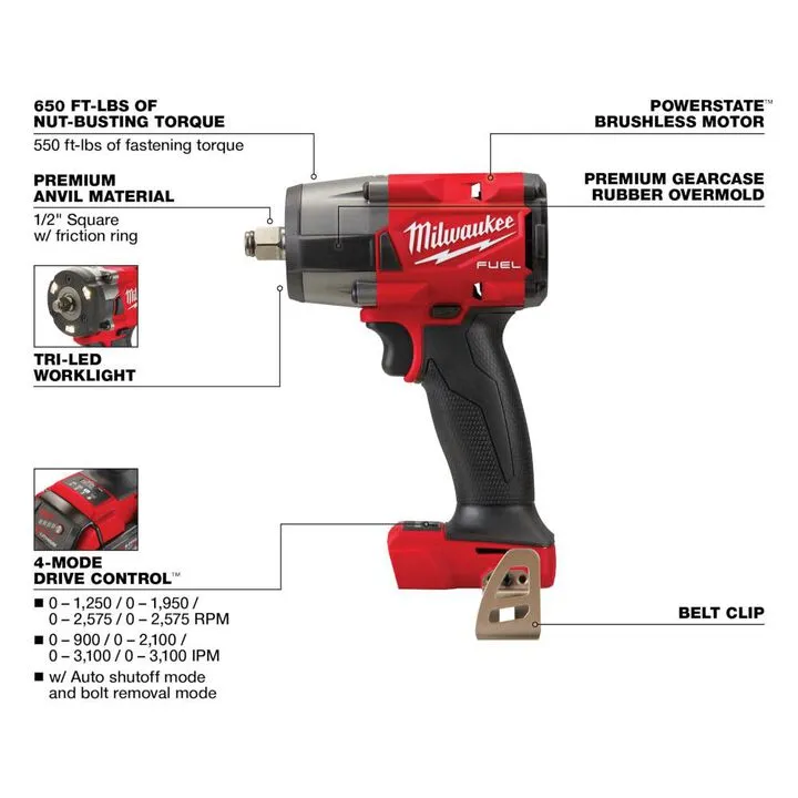 Milwaukee M18 FUEL 1/2 Inch Mid-Torque Impact Wrench with Friction Ring & Protective Boot 2