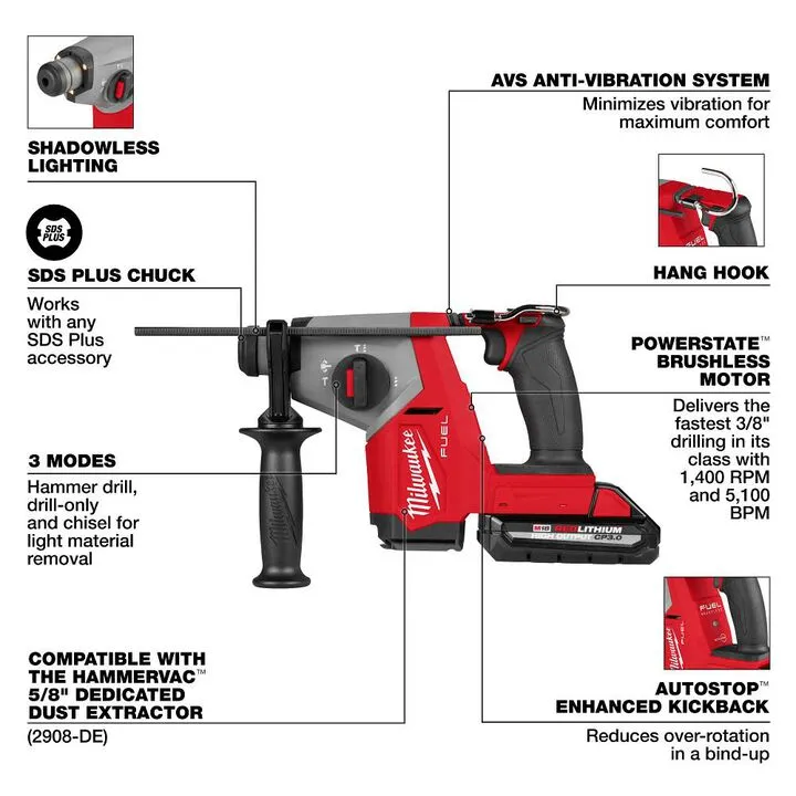 Milwaukee M18 FUEL 5/8 Inch SDS Plus Rotary Hammer with Integrated Dust Extractor Kit 3