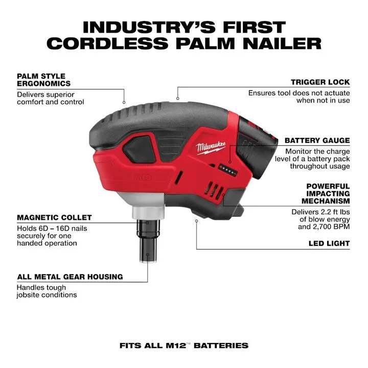 Milwaukee M12 Cordless Lithium-Ion Palm Nailer Kit - Professional Grade Framing Solution 2