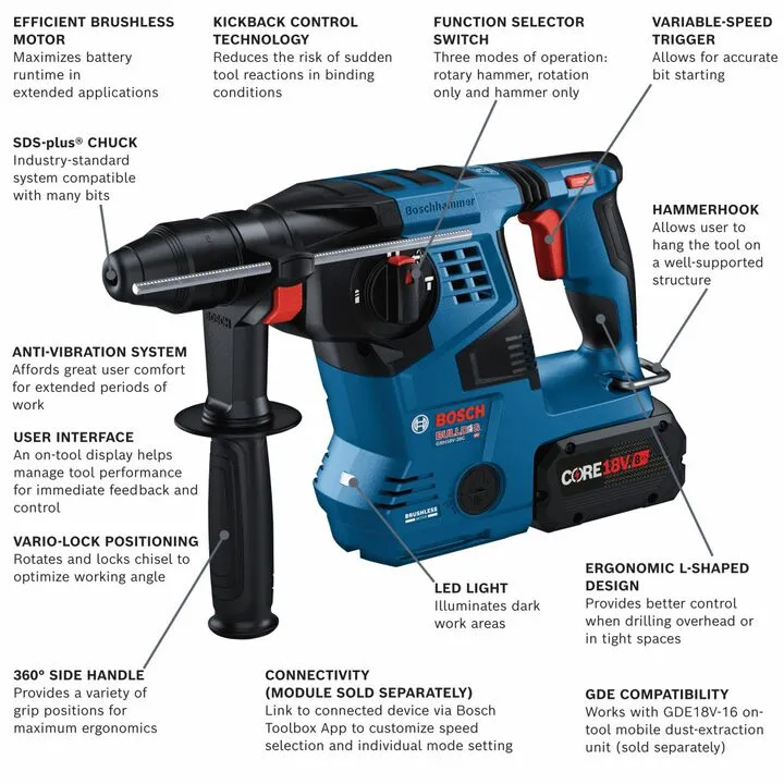 Bosch 18V Connected Ready SDS-Plus Bulldog 1-1/8 Inch Rotary Hammer Kit (Reconditioned) 6