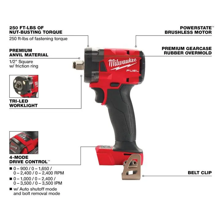 Milwaukee M18 FUEL 1/2 Compact Impact Wrench with Friction Ring (Bare Tool) 2