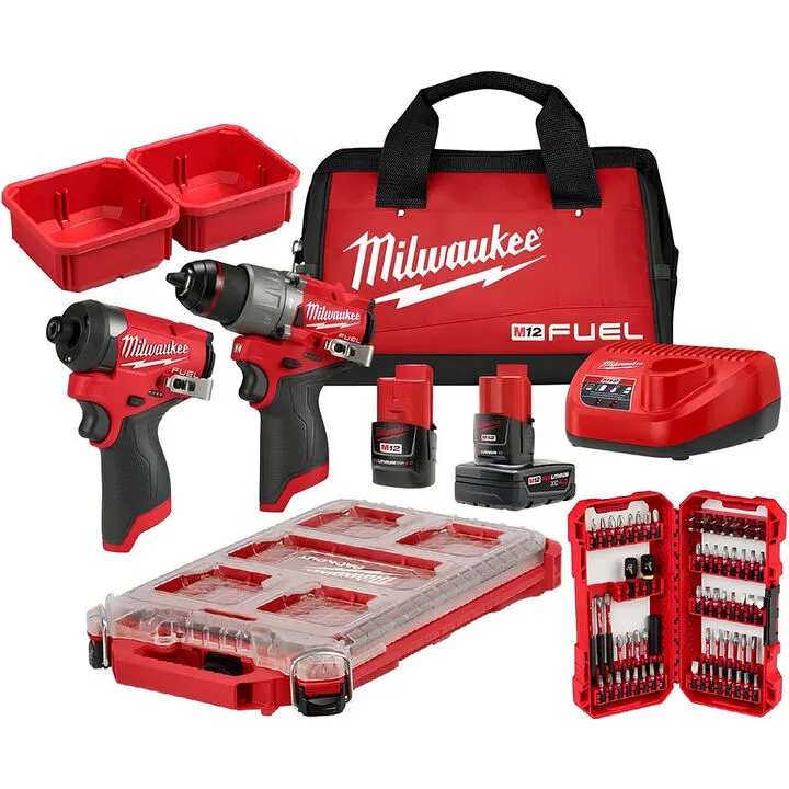 Milwaukee M12 FUEL 2-Tool Combo Kit & 70pc SHOCKWAVE Impact Duty Driver Bit PACKOUT Kit Bundle