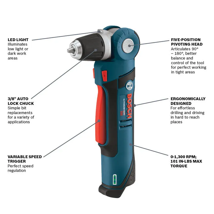 Bosch 12V Max 3/8in Angle Drill (Bare Tool) - Compact Precision for Tight Spaces 1