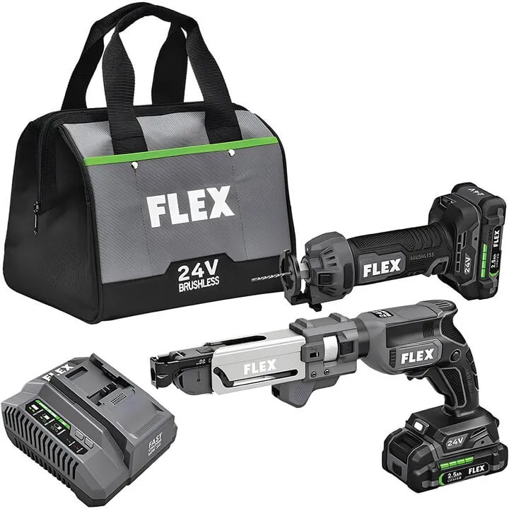 FLEX 24V Brushless Drywall Screw Gun & Cut-Out Tool Kit with Magazine Attachment