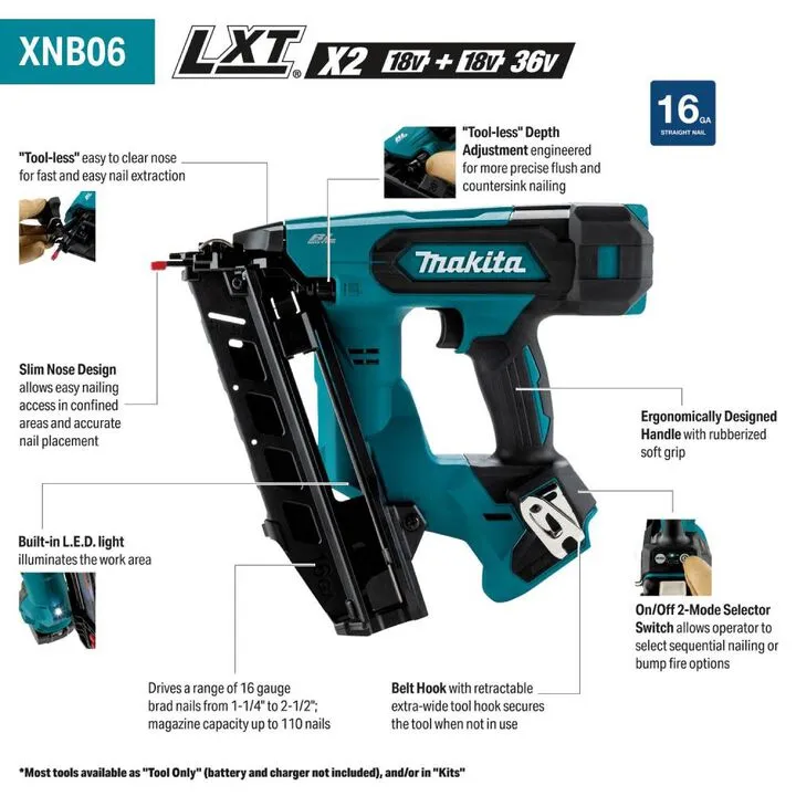 Makita 18V LXT Lithium-Ion Brushless Cordless 16 Gauge Angled Finish Nailer (Bare Tool) 1
