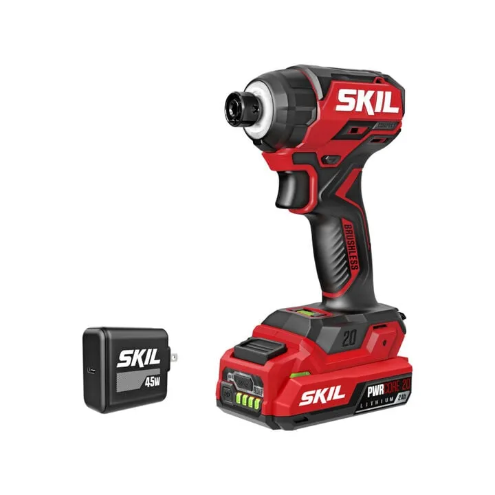 SKIL PWRCORE 20 Brushless 1/4 Inch Hex Compact Impact Driver Kit - Professional Grade Precision
