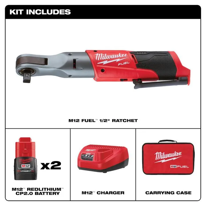 Milwaukee M12 FUEL 1/2 in. Ratchet 2-Battery Kit - Professional Grade Cordless Power 1