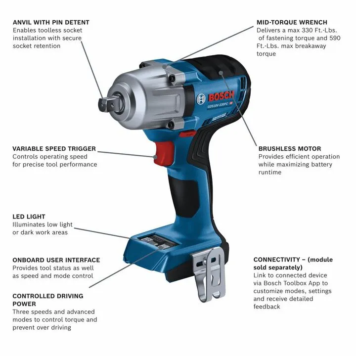 Bosch 18V Brushless 1/2 in Mid-Torque Impact Wrench with Pin Detent (Bare Tool) 1