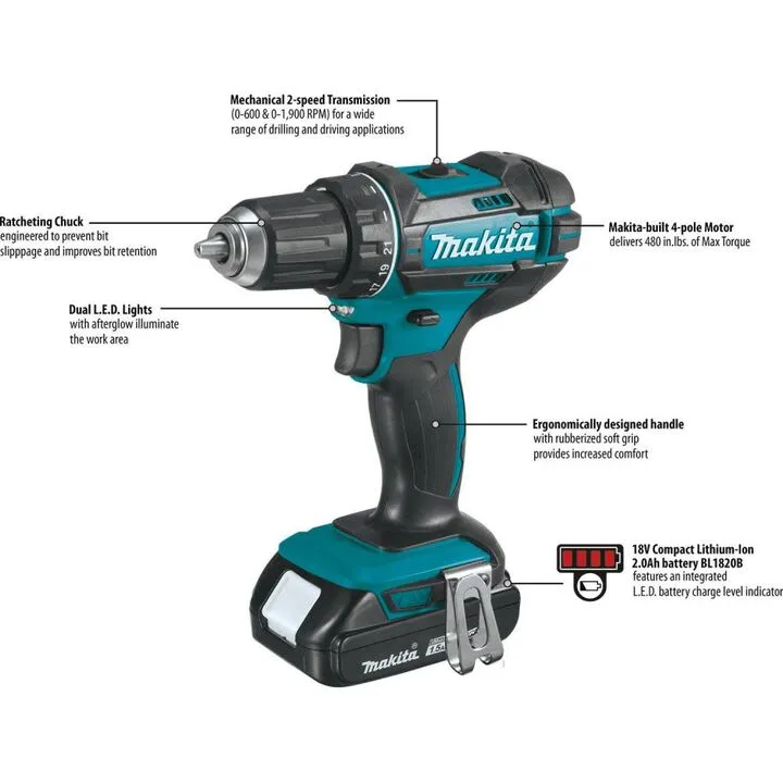 Makita 18V LXT Lithium-Ion Compact Cordless 1/2in Driver-Drill Kit (1.5Ah) 2