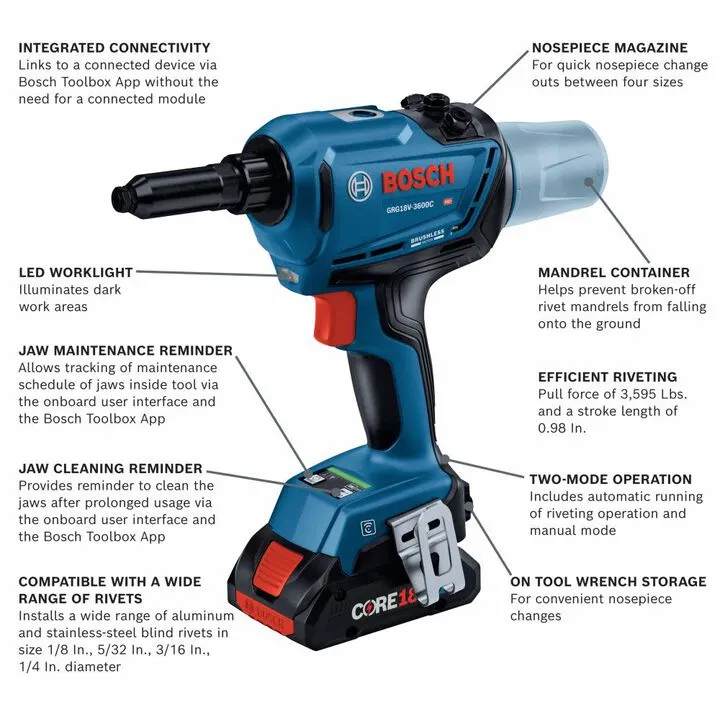 Bosch 18V Connected Rivet Tool Kit with 2ct CORE18V 4Ah Advanced Power Batteries 1